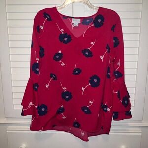 Liz Claiborne Pinkish-red Floral V-Neck Blouse Tiered Bell Sleeve High Low Top L